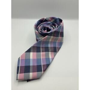 Men Express Neck Tie Purple Tan Pink 100% Silk Striped Plaid 61”